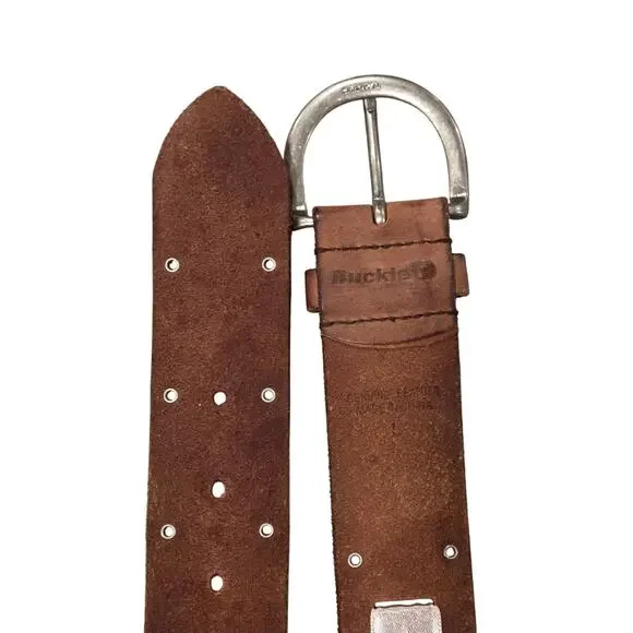 Brown Distressed Leather Belt Pink Satin Ribbon Silver Studs Brass Hardware Sz L
